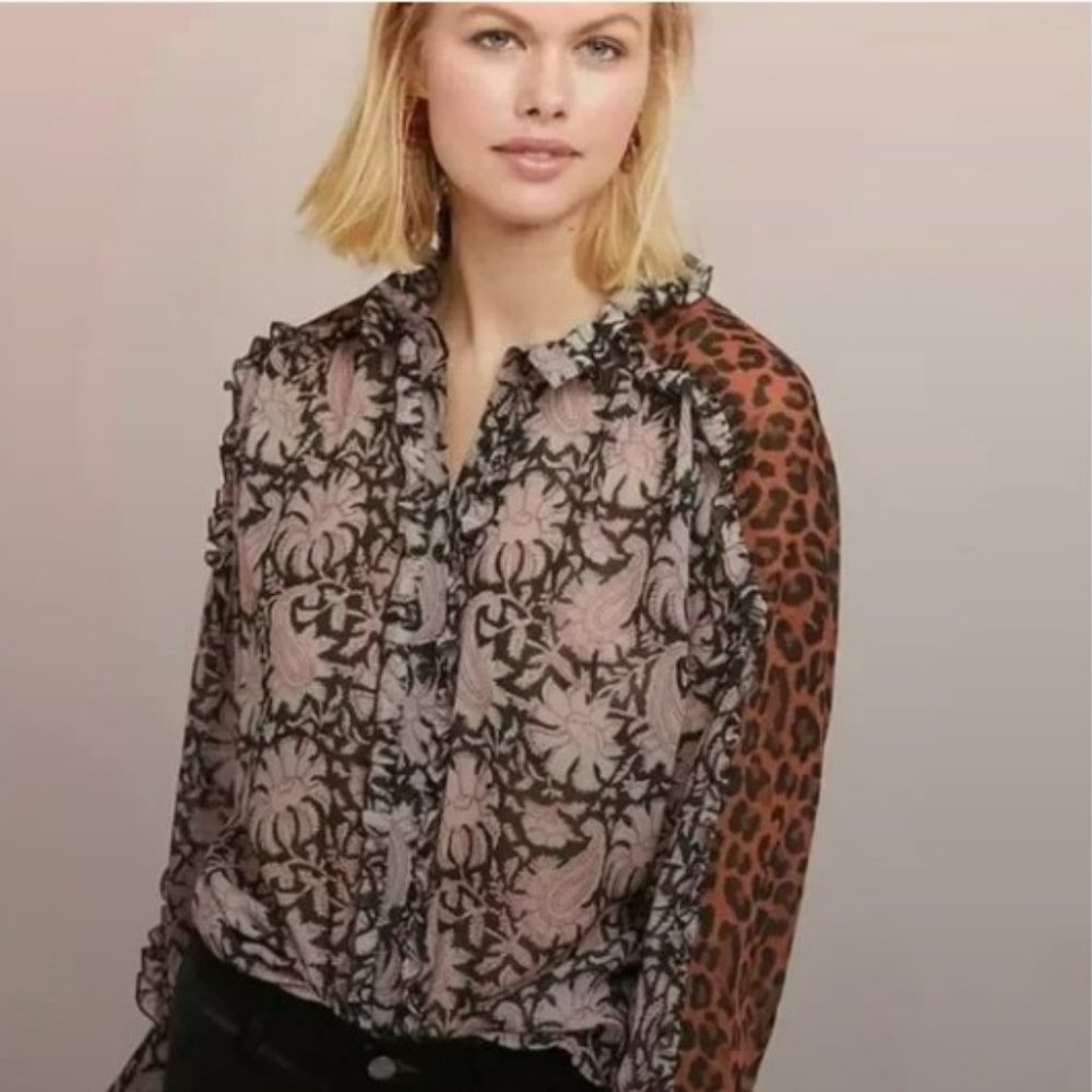 Antik Batik XS silk mixed floral leopard print ruffle collar blouse
